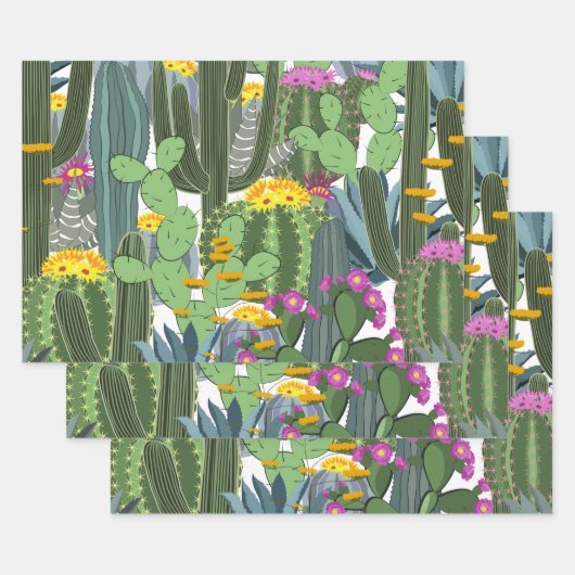Feuille De Papier Cadeau Aquarelle Cactus et Fleurs de cactus  (Lot)