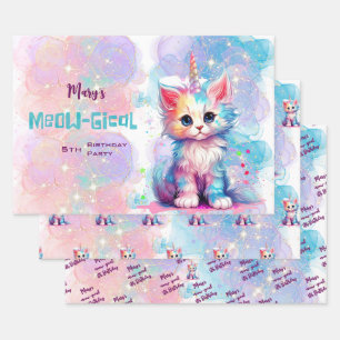 Feuille De Papier Cadeau Aquarelle Caticorn Meow-Gical Anniversaire