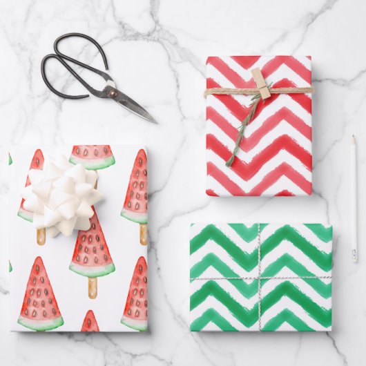 Feuille De Papier Cadeau Aquarelle Chevron Watermelon Popsicle (Recto)