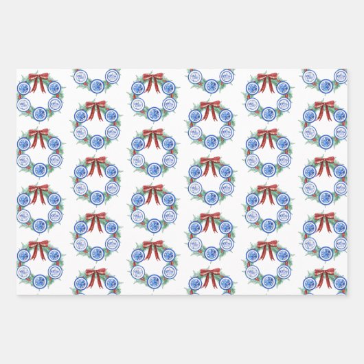 Feuille De Papier Cadeau Aquarelle Chinoiserie Plaques Wreath Noël (Devant)
