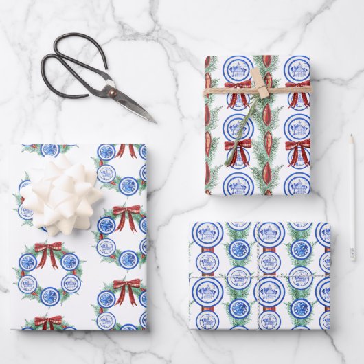 Feuille De Papier Cadeau Aquarelle Chinoiserie Plaques Wreath Noël (Recto)