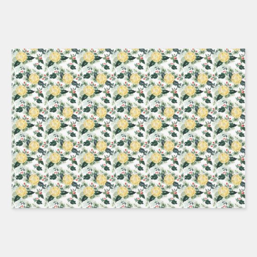 Feuille De Papier Cadeau Aquarelle Citron et Noël Motif Holly (Devant 3)