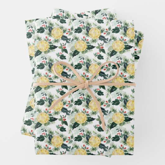 Feuille De Papier Cadeau Aquarelle Citron et Noël Motif Holly (En situation)