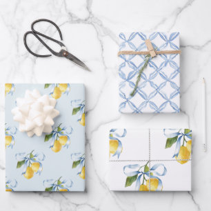 Feuille De Papier Cadeau Aquarelle Citrons de cou bleu