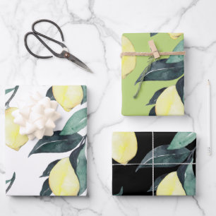 Feuille De Papier Cadeau Aquarelle Citrons jaunes Motif sans couture