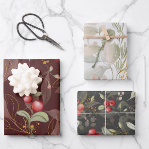 Feuille De Papier Cadeau Aquarelle Cranberry hiver Floral