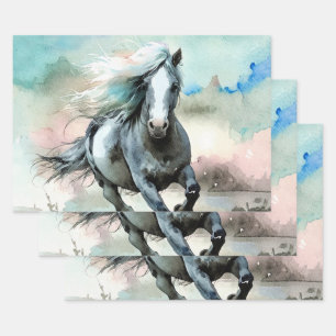 Feuille De Papier Cadeau Aquarelle de cheval de trait majestueux