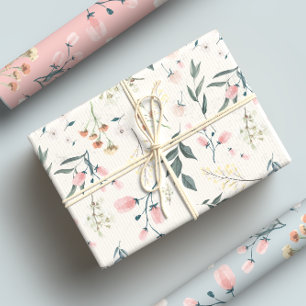 Feuille De Papier Cadeau Aquarelle de fleurs sauvages rose pastel et sauge