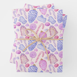 Feuille De Papier Cadeau Aquarelle de Noël Ornements, Sucre de canne