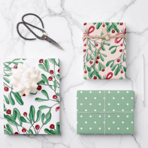 Feuille De Papier Cadeau Aquarelle de Noël Rustique Mistletoe