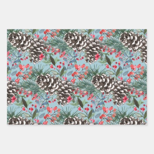 Feuille De Papier Cadeau Aquarelle de Noël rustique Pinecones & Berries (Devant 3)