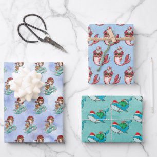 Feuille De Papier Cadeau Aquarelle de Noël Sirène Père Noël Whale