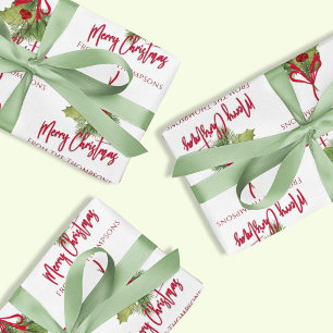 Feuille De Papier Cadeau Aquarelle de Noël Vert Calligraphie rouge
