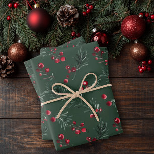 Feuille De Papier Cadeau Aquarelle de Noël vert foncé Pin rustique