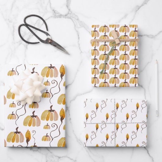 Feuille De Papier Cadeau Aquarelle de Thanksgiving Citrouilles (Recto)