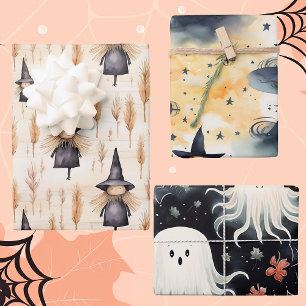 Feuille De Papier Cadeau Aquarelle d'Halloween lunaire, Sorcières, Fantômes