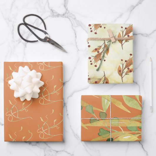 Feuille De Papier Cadeau Aquarelle d'or Foliage et Berries Assortis (Recto)