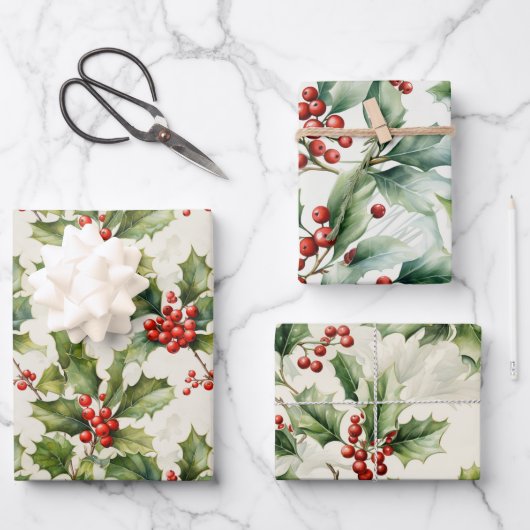Feuille De Papier Cadeau Aquarelle douce Holly & Berries Design élégant (Recto)