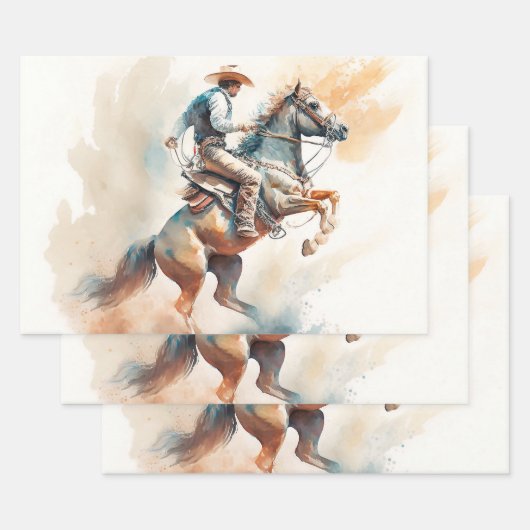 Feuille De Papier Cadeau Aquarelle Dusty Western "Bucking Bronco" (Lot)