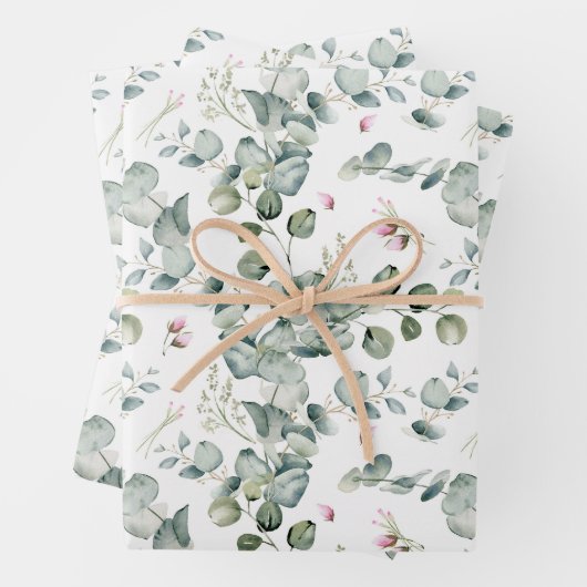 Feuille De Papier Cadeau Aquarelle Eucalyptus Branches et fleurs (En situation)