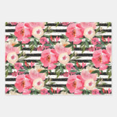 Feuille De Papier Cadeau Aquarelle Fleurs roses sur Blancs Noirs (Devant 2)