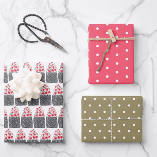 Feuille De Papier Cadeau Aquarelle florale à fleurs Polka Dot Rouge Vert (Recto)