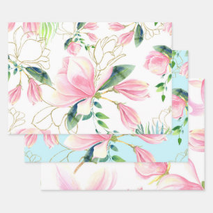Feuille De Papier Cadeau Aquarelle florale rose et doré Magnolia