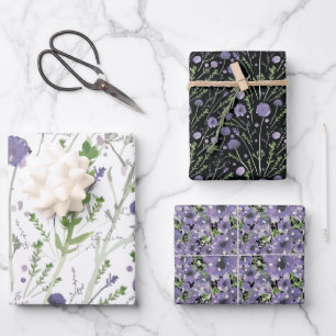 Feuille De Papier Cadeau Aquarelle florale violet vert noir découpage