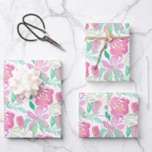Feuille De Papier Cadeau Aquarelle Florales Roses roses rose Motif peint à 