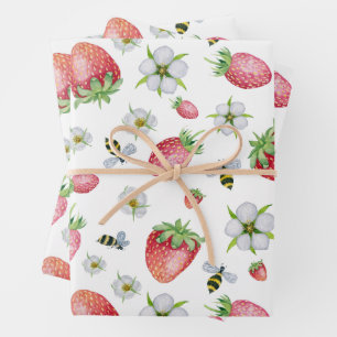 Feuille De Papier Cadeau Aquarelle Fruit fraise, abeilles et fleurs
