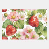 Feuille De Papier Cadeau Aquarelle Fruit fraise et Fleurs roses (Devant 3)