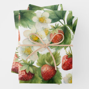 Feuille De Papier Cadeau Aquarelle Fruits fraises et fleurs fraises