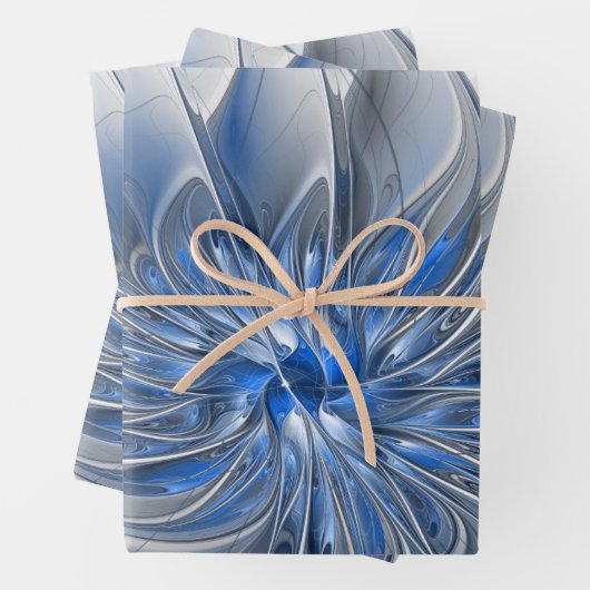 Feuille De Papier Cadeau Aquarelle gris bleu Abstrait Fractal Art Flower (En situation)