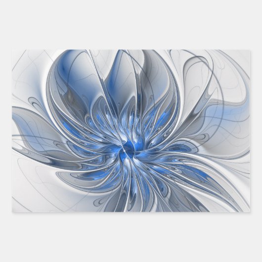 Feuille De Papier Cadeau Aquarelle gris bleu Abstrait Fractal Art Flower (Devant)