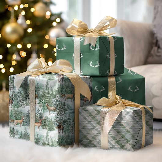 Feuille De Papier Cadeau Aquarelle hiver Bois Noël Cerf