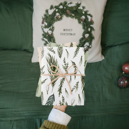 Feuille De Papier Cadeau Aquarelle Hiver Vert Motif sans couture