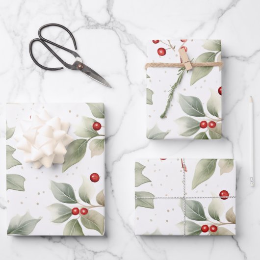 Feuille De Papier Cadeau Aquarelle Holly et Berries (Recto)