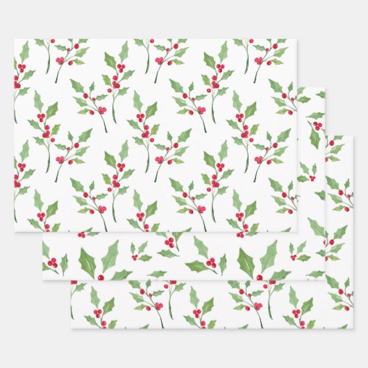 Feuille De Papier Cadeau Aquarelle Holly Motifs (Lot)