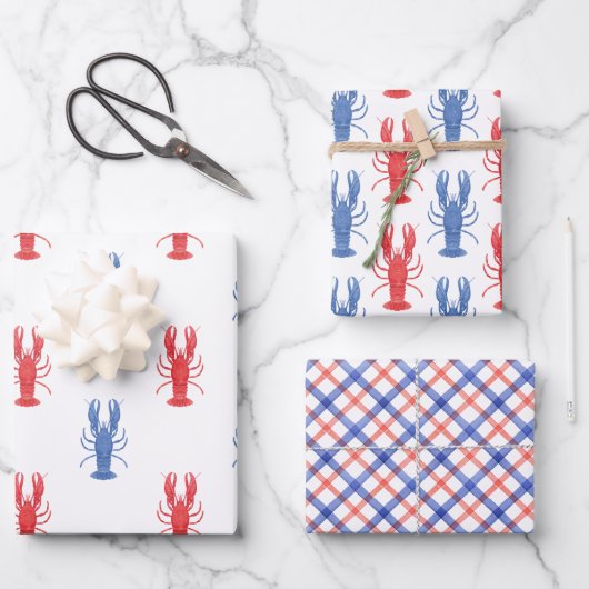 Feuille De Papier Cadeau Aquarelle Homards rouges et bleus (Recto)