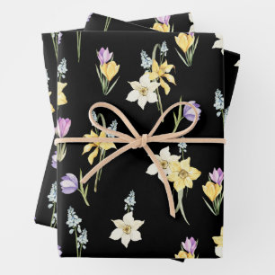 Feuille De Papier Cadeau Aquarelle Jardin mixte Fleurs de printemps Noir