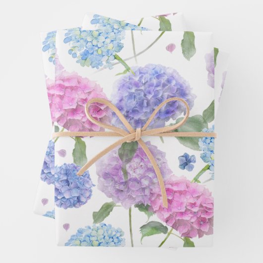Feuille De Papier Cadeau Aquarelle Jardin Mixte Hydrangée Fleurs (En situation)