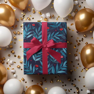 Feuille De Papier Cadeau Aquarelle jardin nocturne - turquoise, bleu et rou