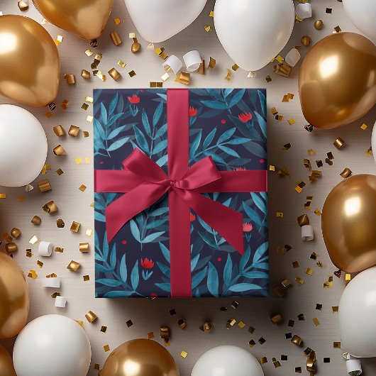 Feuille De Papier Cadeau Aquarelle jardin nocturne - turquoise, bleu et rou