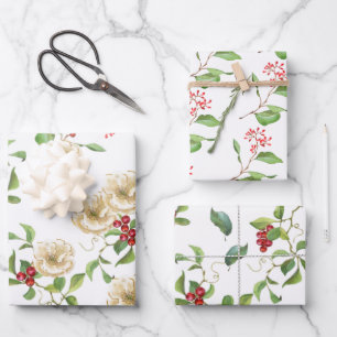 Feuille De Papier Cadeau Aquarelle Magnolia, Berries rouges et Folithe 