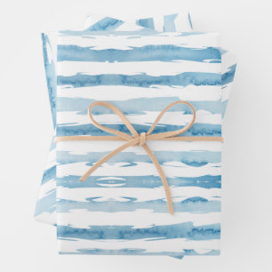 Feuille De Papier Cadeau Aquarelle marine bleu blanc peint rayé