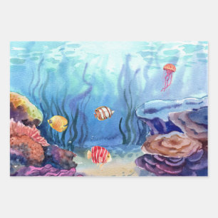 Feuille De Papier Cadeau Aquarelle Marine Océan Vivant Corail et poisson