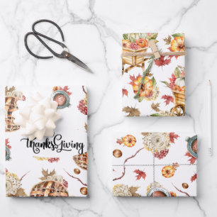 Feuille De Papier Cadeau Aquarelle mignonne Thanksgiving Motif Pack trois