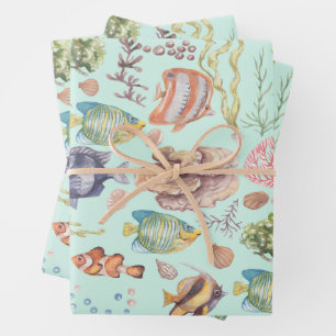 Feuille De Papier Cadeau Aquarelle mignonne Vie marine Poisson et corail