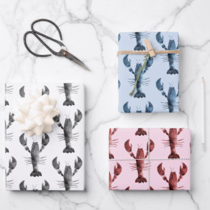 Feuille De Papier Cadeau Aquarelle moderne Homard noir bleu rose