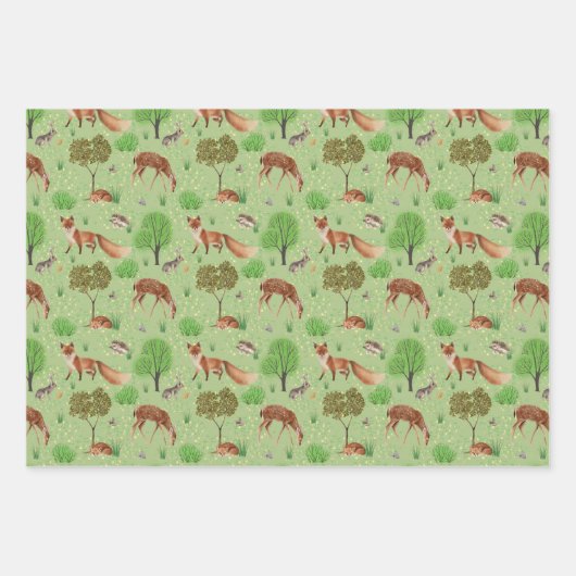 Feuille De Papier Cadeau Aquarelle moderne mignonne Bois Animaux Pré (Devant 2)